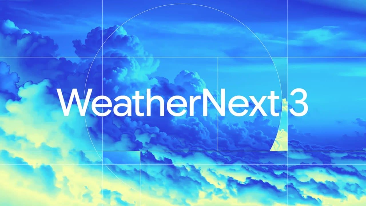 Синяя титульная карточка WeatherNext 3 — AI-модель прогноза погоды Google DeepMind